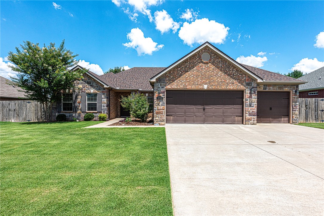 WELCOME HOME! This beautiful 3-bedrm, 2-bathrm home with 3-car garage is located in a PREMIER LOCATION just min from schools, Mt. Hebron Park, Pinnacle Hills shopping & entertainment, & I-49 access! This home offers standout curb appeal w/ brick ext & stone accents, mature landscaping & welcoming front courtyard! Inside, a flex front space perfect for formal dining or secondary living rm, w/ engineered hardwood floors throughout the main living spaces. Spacious living rm is filled w/ natural light & feat. gas log fireplace opening to the U-shaped kitchen w/ ample storage & prep space, stainless steel apps (refrigerator incl) & pantry. Split floor plan ensures privacy for the large primary w/ tray ceiling & ensuite feat: dual sink vanity, jacuzzi tub, shower, & walk-in closet. Two more bedrms & full bath on the opposite side of home. Outside a backyard retreat w/ large covered patio overlooking mature landscaping, perfect for relaxing this summer. BONUS: New roof in 2024! Donāt miss out, schedule your tour today!