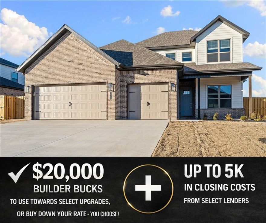 Welcome to Hillcrest in Cave Springs! This inviting community provides the perfect blend of tranquility and accessibility. The Willow Plan With 2,285 square feet of thoughtfully designed living space, offers 4 spacious bedrooms and 2.5 baths. On the main floor, you'll find a dedicated study, an open-concept living, dining, and kitchen area. The primary suite features a luxurious ensuite bathroom with a connected laundry room for added convenience, along with a nearby half bath for guests. Upstairs, three additional bedrooms share a full bath, creating a perfect retreat for family or guests. The three-car garage provides ample storage, and the backyard covered patio has potential for lots of outdoor enjoyment. For a limited time, Builder Incentives: $20,000 Builder Bucks to use towards select upgrades, appliances, or buy down your rate – you choose! Plus up to 5K from select lenders. For a total of up to 25K with lender incentives! Fence, blinds, and gutters are all included.