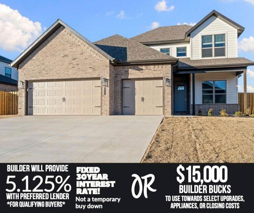 Welcome to Hillcrest in Cave Springs!Enjoy peaceful surroundings on the edge of town with the convenience of being just minutes from everything Northwest Arkansas has to offer. This inviting community provides the perfect blend of tranquility and accessibility.The Willow Plan
With 2,285 square feet of thoughtfully designed living space,offers 4 spacious bedrooms and 2.5 baths. On the main floor, you'll find a dedicated study, an open-concept living, dining, and kitchen area — ideal for entertaining or cozy nights in. The primary suite features a luxurious ensuite bathroom with a connected laundry room for added convenience, along with a nearby half bath for guests. Upstairs, three additional bedrooms share a full bath, creating a perfect retreat for family or guests. The three-car garage provides ample storage, and the backyard covered patio has potential for lots of outdoor enjoyment.