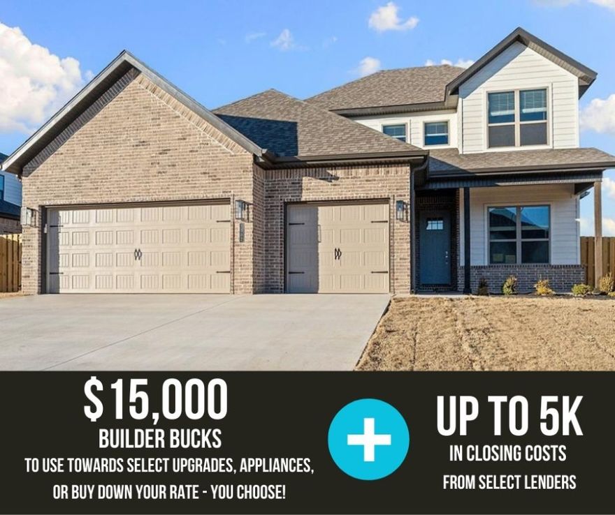 Welcome to Hillcrest in Cave Springs! This inviting community provides the perfect blend of tranquility and accessibility. The Willow Plan With 2,285 square feet of thoughtfully designed living space, offers 4 spacious bedrooms and 2.5 baths. On the main floor, you'll find a dedicated study, an open-concept living, dining, and kitchen area. The primary suite features a luxurious ensuite bathroom with a connected laundry room for added convenience, along with a nearby half bath for guests. Upstairs, three additional bedrooms share a full bath, creating a perfect retreat for family or guests. The three-car garage provides ample storage, and the backyard covered patio has potential for lots of outdoor enjoyment. For a limited time, Builder Incentives: $15,000 Builder Bucks to use towards select upgrades, appliances, or buy down your rate – you choose! Plus up to 5K from select lenders. For a total of up to 20K with lender incentives! Fence, blinds, and gutters are all included.
