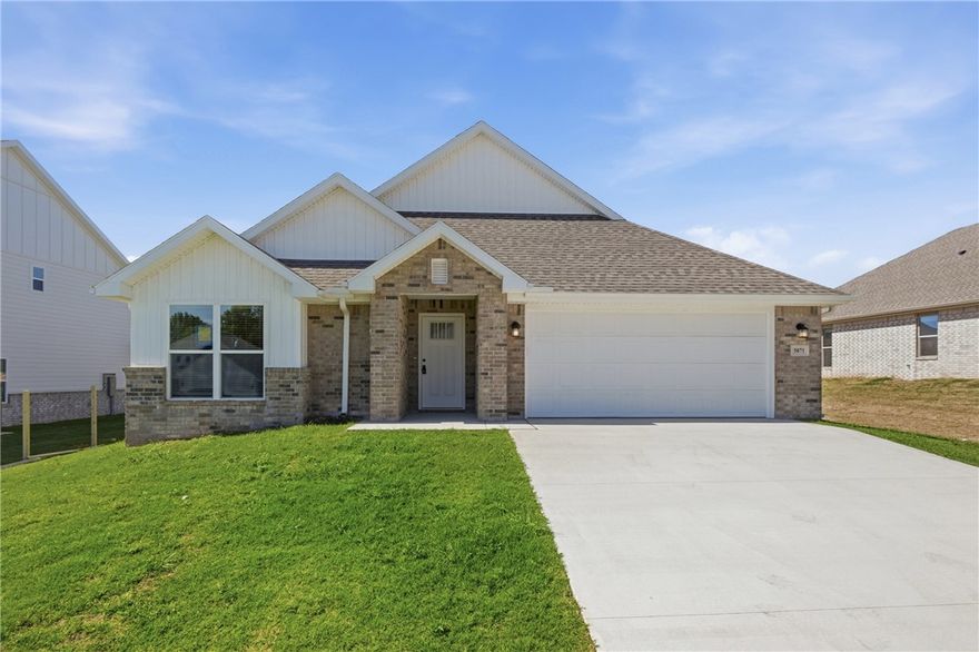 FOR LEASE. This BRAND NEW 3 bed / 2 bath home offers a spacious open concept living room and kitchen with tons of natural light. The home also features a split floor plan with two bedrooms at the front of the home and the master bedroom with his and her walk-in closets at the back of the house. There's a 2-car garage. A fully fenced-in backyard will be added in the coming weeks, providing additional privacy and outdoor enjoyment for tenants. Small dogs allowed. Fridge included. Washer/dryer hookups on-site. Available now.

This home is conveniently located down the street from the Walmart Superstore and I-49 on-ramp, making it convenient to get anywhere in Northwest Arkansas.