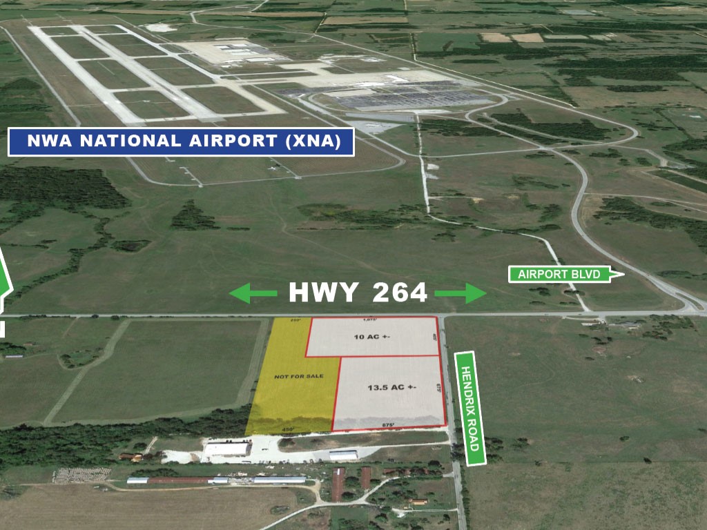 The last remaining commercially zoned and privately owned property located at the south entrance
to XNA (Northwest Arkansas National Airport). The total 23.55 acre +- tract is available and
divisible, with major frontage along Hwy 264 and Hendrix Road. (10 acres +-/13.5 acres+-) An important
note is that annexation of land has begun for the connection of a limited access road that
will connect the South entrance of XNA to the recently completed I-49/I-612 exhange that is at
the intersection of Hwy 12 south of Cave Springs. The four mile, 4-lane access road has an estimated
completion date of late 2026. ARDOT groundbreaking was April 202