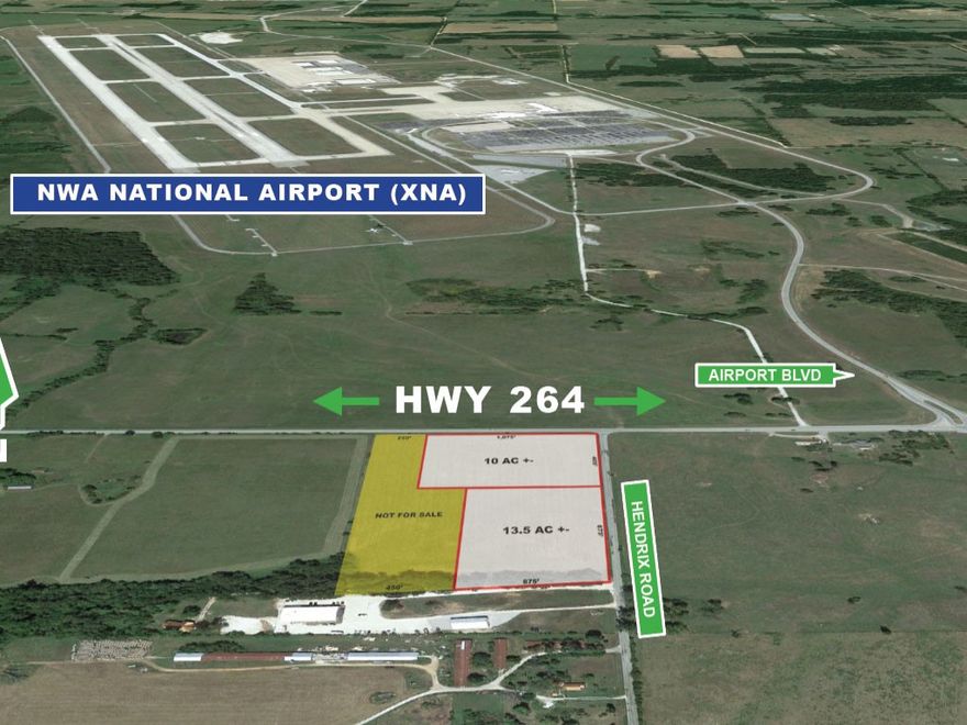 The last remaining commercially zoned and privately owned property located at the south entrance
to XNA (Northwest Arkansas National Airport). The total 23.55 acre +- tract is available and
divisible, with major frontage along Hwy 264 and Hendrix Road. (10 acres +-/13.5 acres+-) An important
note is that annexation of land has begun for the connection of a limited access road that
will connect the South entrance of XNA to the recently completed I-49/I-612 exhange that is at
the intersection of Hwy 12 south of Cave Springs. The four mile, 4-lane access road has an estimated
completion date of late 2026. ARDOT groundbreaking was April 202
