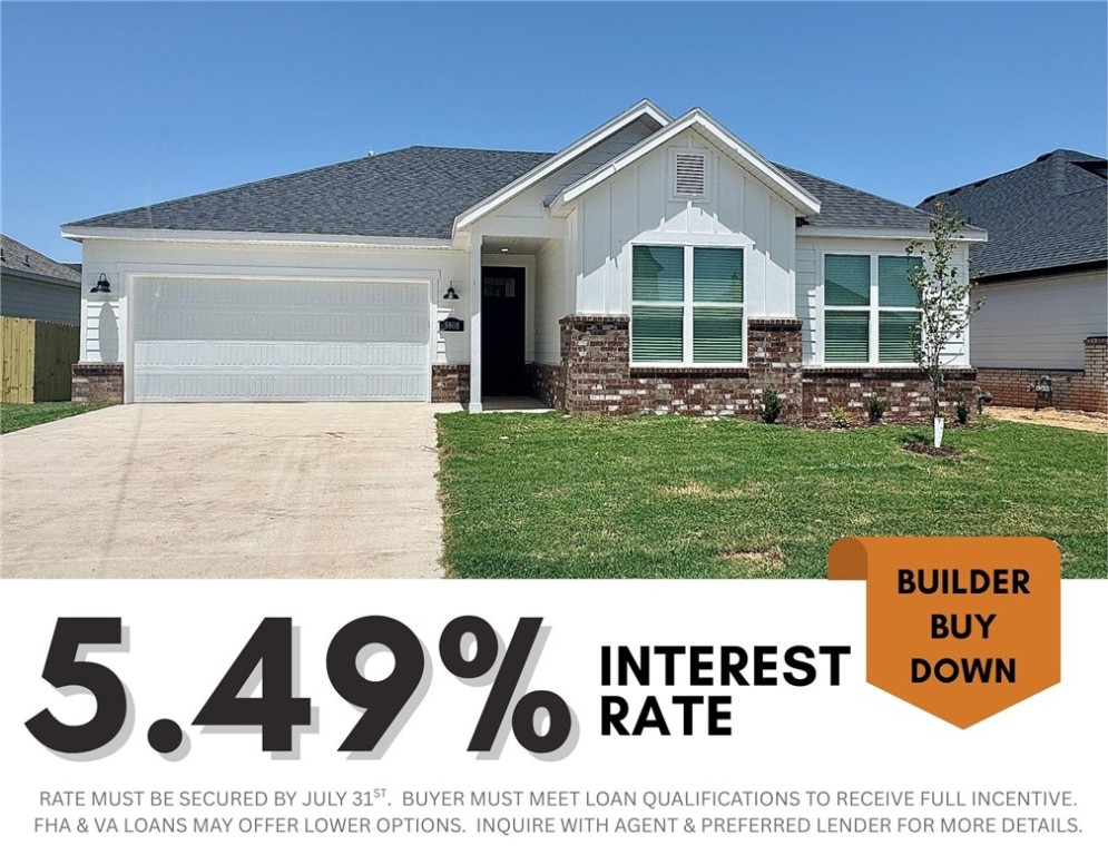 5.49% INTEREST RATE/BUILDER BUY DOWN & fence, blinds and gutters included! Discover your dream home in the sought-after Osage Hills neighborhood. Benton plan with garage on the left and South facing! 10 ft ceilings in the living/kitchen area, linear electric fireplace in the living, 1 level, LVP flooring throughout the main living areas and primary bedroom, quartz countertops and more. Chef's kitchen boasting frigidaire stainless steel appliances, gas range, pantry, quartz countertops, bar pull handles, large island and gorgeous backsplash. Luxurious primary bedroom features abundant natural light, while the spa-like primary bathroom offers a walk-in shower, double sinks, and spacious walk-in closets. Additional features include three large secondary bedrooms and a separate laundry room. Nestled on a generous lot with covered patio that overlooks the serene sodded, fully fenced backyard. Sturdy concrete siding & brick. Model home located at 6008 SW Coywolf St- Lot 122.