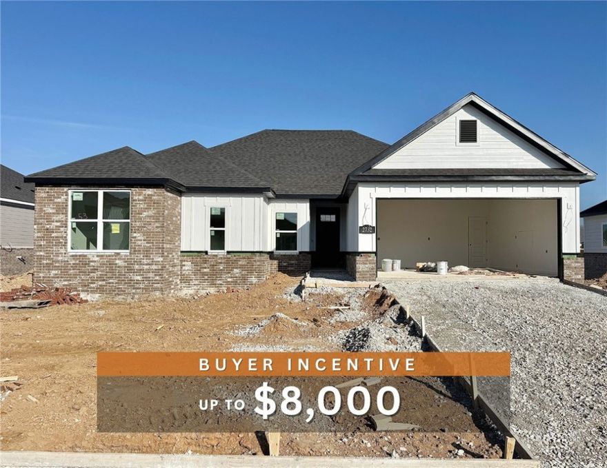 Fence, blinds and gutters included! Discover your dream home in the new neighborhood- Jacob's Crossing. Clifford plan with 1 level, garage on the right and South facing! 10 ft ceilings, linear electric fireplace, LVP flooring throughout the main areas and primary bedroom, quartz countertops and more. Chef's kitchen boasting Frigidaire stainless steel appliances, gas range, pantry, quartz countertops, bar pull handles, large island and gorgeous backsplash. Luxurious primary bedroom features abundant natural light, while the spa-like primary bathroom offers a walk-in shower, double sinks, tub, and spacious walk-in closets. Additional features include three large secondary bedrooms and a functional laundry room. Nestled on a generous lot with covered patio that overlooks the serene sodded, fully fenced backyard. Model home located at 3631 Tranquility St- Lot 1.