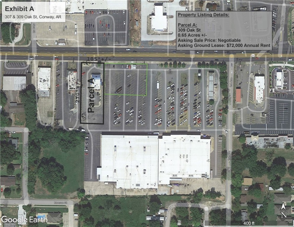 Introducing an exceptional opportunity in Conway, AR. This listing showcases Parcel A at 309 Oak St, offering a generous 0.65 acres for sale at a negotiable price or an annual ground lease option at $72,000. Boasting a prime location with approximately 105 feet of frontage and 270 feet of depth, this versatile property is ideal for a variety of development possibilities.