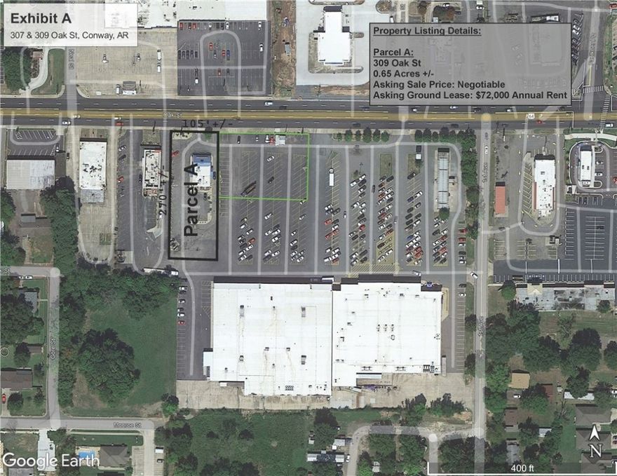 Introducing an exceptional opportunity in Conway, AR. This listing showcases Parcel A at 309 Oak St, offering a generous 0.65 acres for sale at a negotiable price or an annual ground lease option at $72,000. Boasting a prime location with approximately 105 feet of frontage and 270 feet of depth, this versatile property is ideal for a variety of development possibilities.