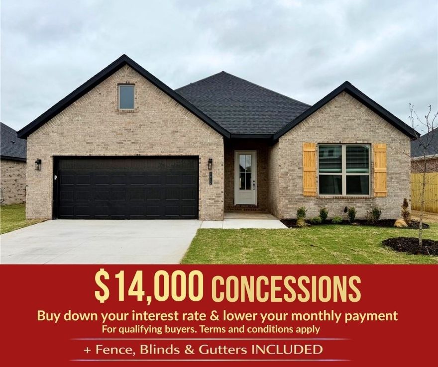 Yorktown Subdivision in Pea Ridge, Arkansas blends traditional charm with modern design to create a timeless neighborhood feel. The Falcon floor plan offers 1,799 square feet of thoughtfully designed living space, featuring 3 bedrooms, 2 bathrooms, a cozy nook, a 2-car garage, and convenient one-story living. Home highlights include tile that extends to the ceiling in the bathrooms for a luxurious, elegant, and easy-to-clean finish, along with a professional-style gas cooktop and an exterior-vented hood that provides superior cooking performance and ventilation.For a limited time, Lower your interest rate with $7,500 from the builder + $2,500 appliance allowance + up to 4k in closing costs from select lenders. For a total of up to 14K with lender incentives. Fence, blinds, and gutters are all included.