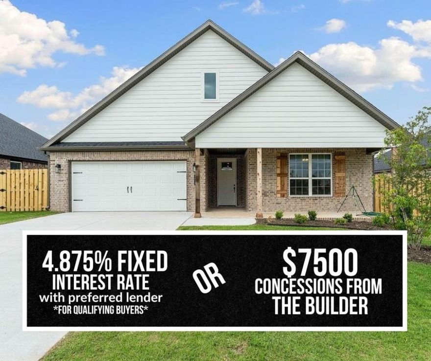 Pea Ridge welcomes you to its rapidly growing community. The Yorktown subdivision places you at the heart of it all, offering close proximity to schools, parks, and beautiful scenic views.This lot showcases the Cardinal Plan, where you're welcomed by LVP flooring and bright, airy touches that bring the home to life. All bedrooms are conveniently located on one side of the house, with two bedrooms and a bathroom at the front, while the primary suite is tucked at the back, next to the laundry room and two extra storage spaces. The kitchen, living, and dining areas flow seamlessly together, with the kitchen offering ample storage, including a walk-in shelved pantry. Enjoy outdoor living with both covered front and back patios.For a limited time rates starting at 4.99% OR $7,500 from builder & up to $4K from preferred lender. For access to see all the homes stop by the model home at 1602 Christman St. Open Monday, Tuesday,Thursday, and Friday from 10-4 and Sunday 1-4.