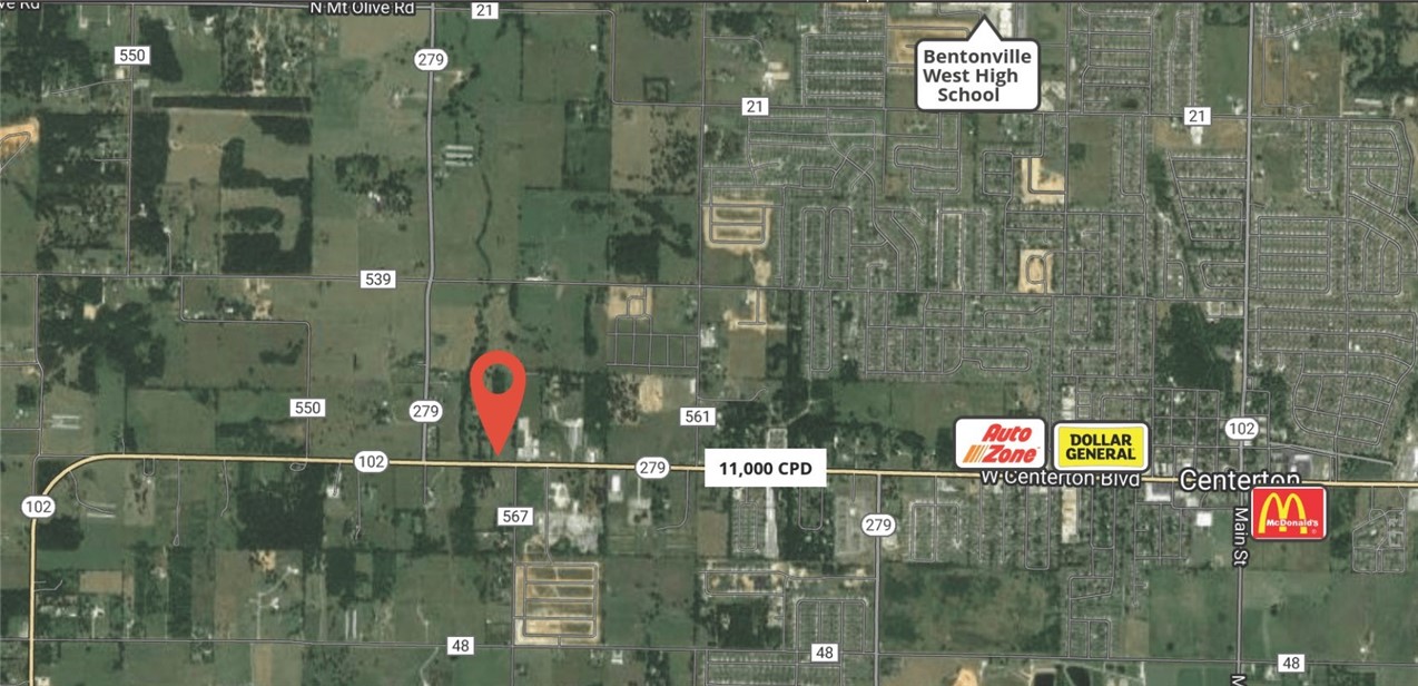 5 acres in west Centerton in a rapidly growing area. 20 minutes to I-49 access and 15 minutes to Northwest Arkansas National Airport. Much movement is happening west of Centerton both residential and commercial. Water at street. 174' of frontage along Hwy 102 and 1,319' of depth. 11,000 CPD along Hwy 279.