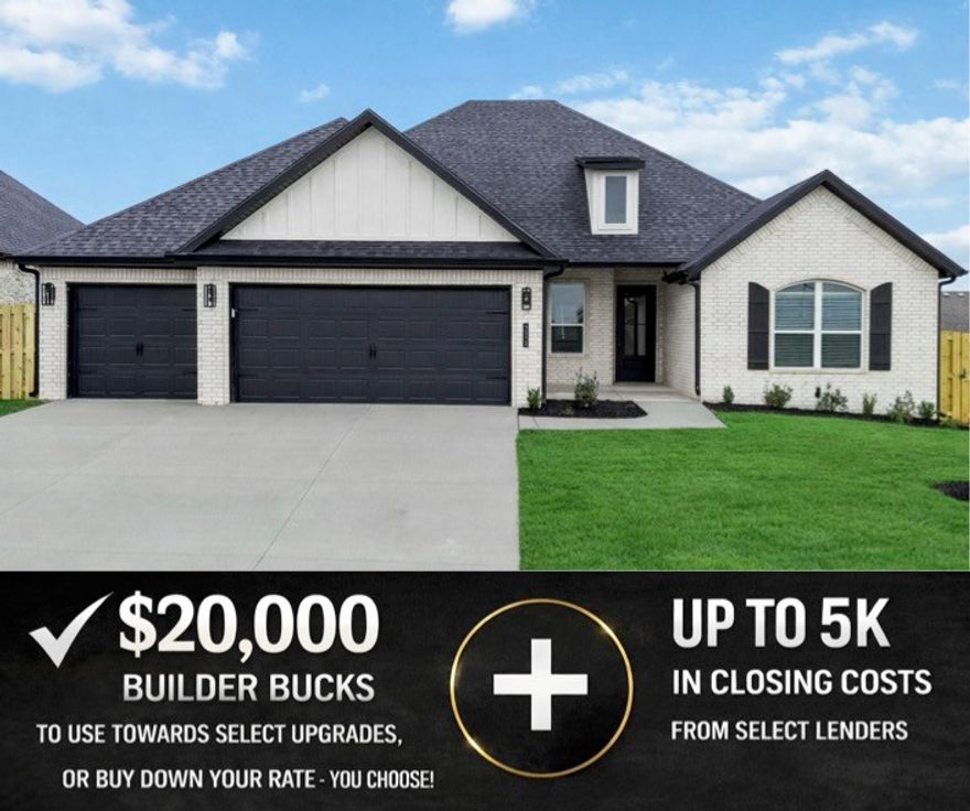 Live in Hillcrest and enjoy a serene community just moments from Rogers schools, I-49, and Northwest Arkansas’ top destinations. The open-concept layout features wood floors throughout the main living areas, a sleek linear fireplace with custom accent wall, and a dining room enhanced by decorative beams and a designer accent wall. The kitchen impresses with cabinets extending to the ceiling, offering both style and ample storage.Retreat to the primary suite, where you’ll find a spa-like bathroom complete with a freestanding soaker tub and a fully tiled walk-in shower. Quality finishes and attention to detail are evident throughout the home. Open houses every Sunday from 1–4 PM. For a limited time, Builder Incentives: $20,000 Builder Bucks to use towards select upgrades, appliances, or buy down your rate – you choose! Plus up to 5K from select lenders. For a total of up to 25K with lender incentives! Fence, blinds, and gutters are all included.