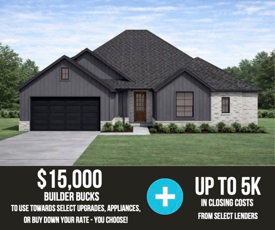 The Oak plan offers 2,052 square feet of thoughtfully designed living, featuring 10-foot ceilings in the living area and primary suite for an open, airy feel. The primary bath showcases a freestanding soaker tub, a fully tiled shower, framed mirrors, and cabinetry over the toilets, while the home is accented by an impressive 8-foot front door, stainless steel appliances, a composite granite sink with push-button garbage disposal, and ceiling fans in all bedrooms. Outside, enjoy full sod in both the front and backyard, complemented by front landscaping and flower beds. Located in Hillcrest, this home blends suburban charm with quick access to I-49, exceptional schools, and Northwest Arkansas’s most traveled routes.For a limited time, Builder Incentives: $15,000 Builder Bucks to use towards select upgrades, appliances, or buy down your rate - you choose! Plus up to 5K from select lenders. For a total of up to 20K with lender incentives! Fence, blinds, and gutters are all included. Open Houses every Sunday from 1-4pm.