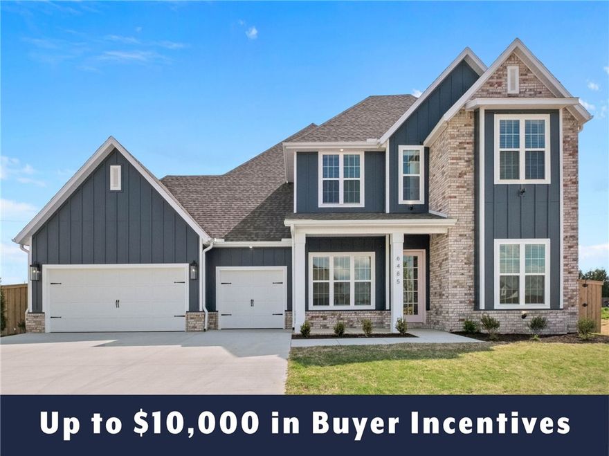 Up to $10,000 in buyer incentives available, including $6,500 from the builder and $3,500 from the preferred lender. These incentives may be used toward closing costs, prepaids, or a rate buydown. The builder portion may also be used as an appliance credit. Located in County Line Square near Shaw Family Park. The Brighton begins with 2 bedrooms and a full bathroom off the entry. The entry leads into the living room, where a fireplace creates a focal point, and engineered wood floors run throughout the first floor. The kitchen and dining area flow from the living room and feature a large island, ceiling-height cabinets, GE Profile appliances, and a pantry. The primary suite includes a vaulted bedroom, double vanity with centered makeup vanity, walk-in shower, and walk-in closet. The laundry room has built-in cubbies and connects to the 3-car garage. Upstairs offers 2 bedrooms and a full bathroom. Fence, gutters, and blinds are included, and a community pool and pavilion are coming soon for residents to enjoy.