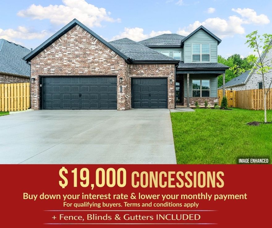 Introducing the Spruce Plan a 2-story home featuring 2,280 sq ft, a dedicated study, and a spacious 3-car garage.Step inside and immediately notice the 10-foot ceilings in the living area and primary bedroom.The main living space is ideal for entertaining or relaxing, seamlessly connecting to a well-appointed kitchen.The kitchen features a gas cooktop with a hood vented to the exterior, along with ample counter space and storage.The primary suite offers a private retreat with elevated tile extending all the way to the ceiling, delivering a sleek, upscale finish. All bathrooms throughout the home showcase full-height tile surrounds.Enjoy quiet neighborhood living while staying close to everything Pea Ridge has to offer. For a limited time, receive 15K in builder bucks and up to 4K from select lenders. Fence, blinds, and gutters are all included.