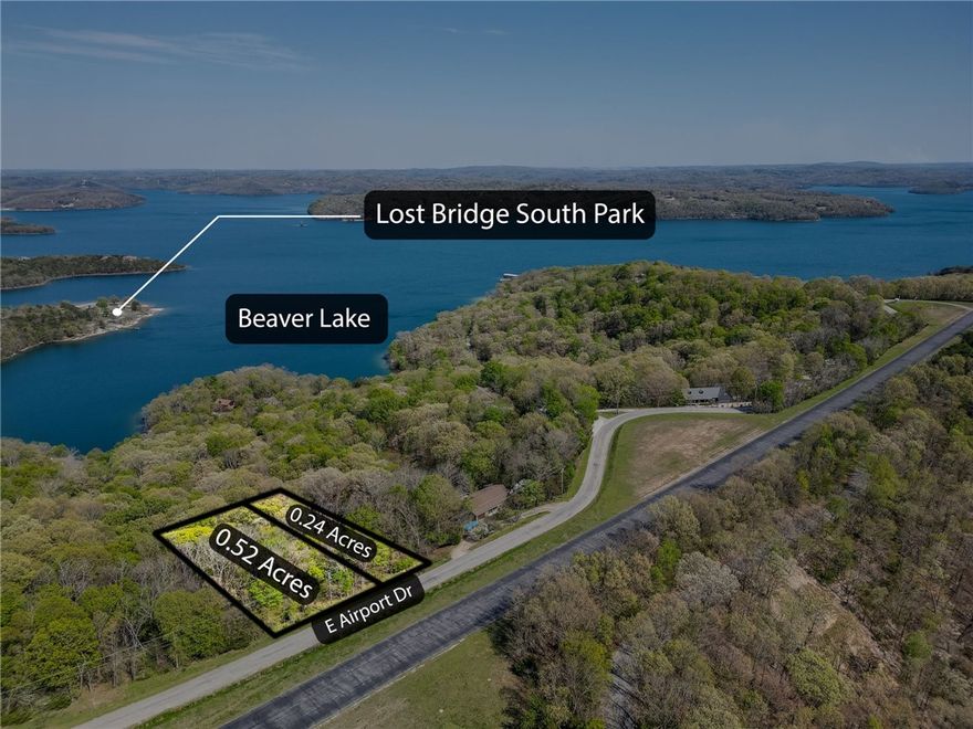 Incredible potential for panoramic lake views of Beaver Lake on this 0.78 acres located across the street from the Lost Bridge Village airstrip. The utilities at the street include public water and sewer. Lost Bridge amenities include a community pool, recreation center, pickleball courts, community events and library. Sellers are related to listing agent.