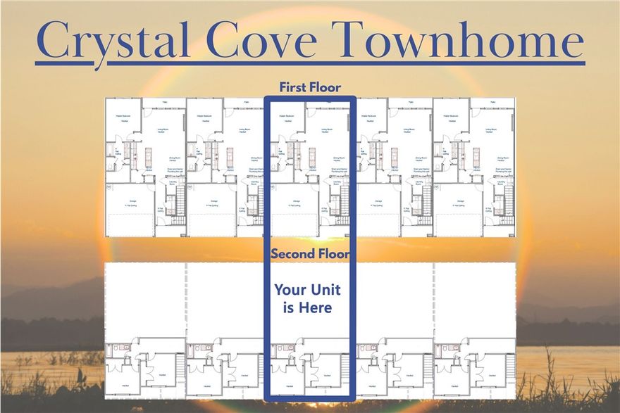 Welcome to Crystal Cove, where modern design meets everyday comfort in this beautifully crafted 3-bedroom, 2.5-bath townhome by Sunrise Homes. This ~1,582 sqft layout features a desirable primary suite on the main level, offering both convenience and privacy. The open-concept living space is highlighted by a soaring vaulted ceiling and large Clerestory Windows bringing in natural light for a bright, airy feel throughout. Also featuring a sleek electric fireplace, creating an inviting atmosphere. The kitchen flows seamlessly into the dining and living areas, perfect for entertaining. Upstairs includes two additional bedrooms, a full bath, and a loft-style hallway overlooking the main living area. Enjoy outdoor living with a covered back patio and private backyard. Low-maintenance living with thoughtful design throughout makes this home ideal for a variety of lifestyles.  Builder’s credit of $3,000 and Lenders Credit Up To $5,000 with Preferred Lender.
