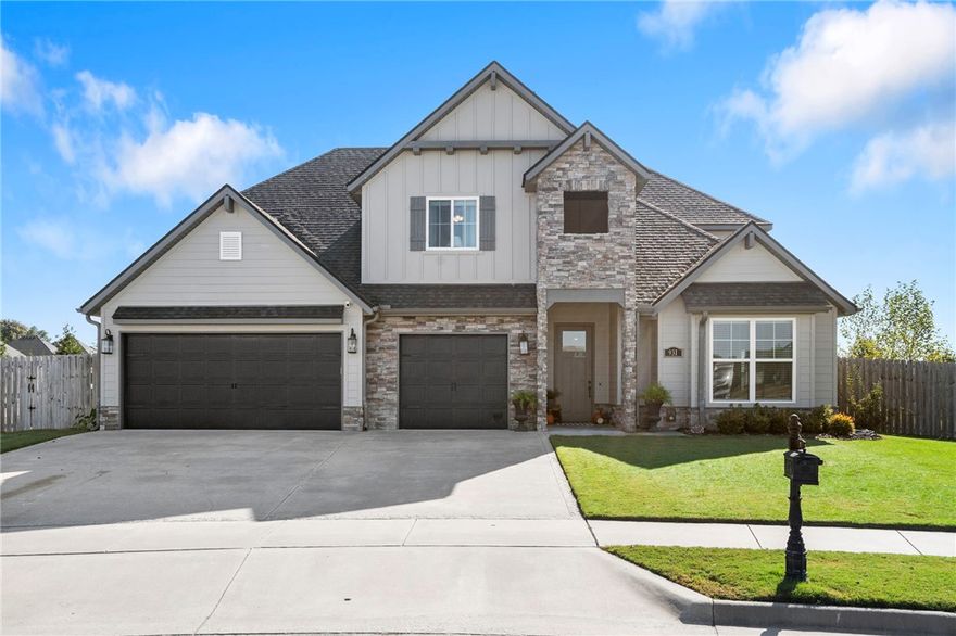 This 4 bedroom, 3.5 bath home offers nearly 3,000sq ft of living space in an incredible neighborhood close to Bentonville West High School and Centerton Gamble Elementary. Inside you’ll find vaulted ceilings w/ tons of natural light in a spacious open living area featuring a custom stone fireplace.  This kitchen is a chef's dream w/ gas range, grey quartz counters, large island and huge pantry.  The primary retreat is truly a must-see, designed as a private getaway with spa-like finishes, walk in shower & soaking tub. Upstairs features 2 bedrooms, full bath, & bonus room you will love. Enjoy outdoor living with a huge backyard offering rare privacy and no neighbors behind you. The large covered patio is perfect for entertaining, and the 12x16' shed provides space for hobbies or projects. 3-car garage provides plenty of storage and function. This home combines comfort, convenience, & community—don’t miss your chance to own one of Centerton’s best!