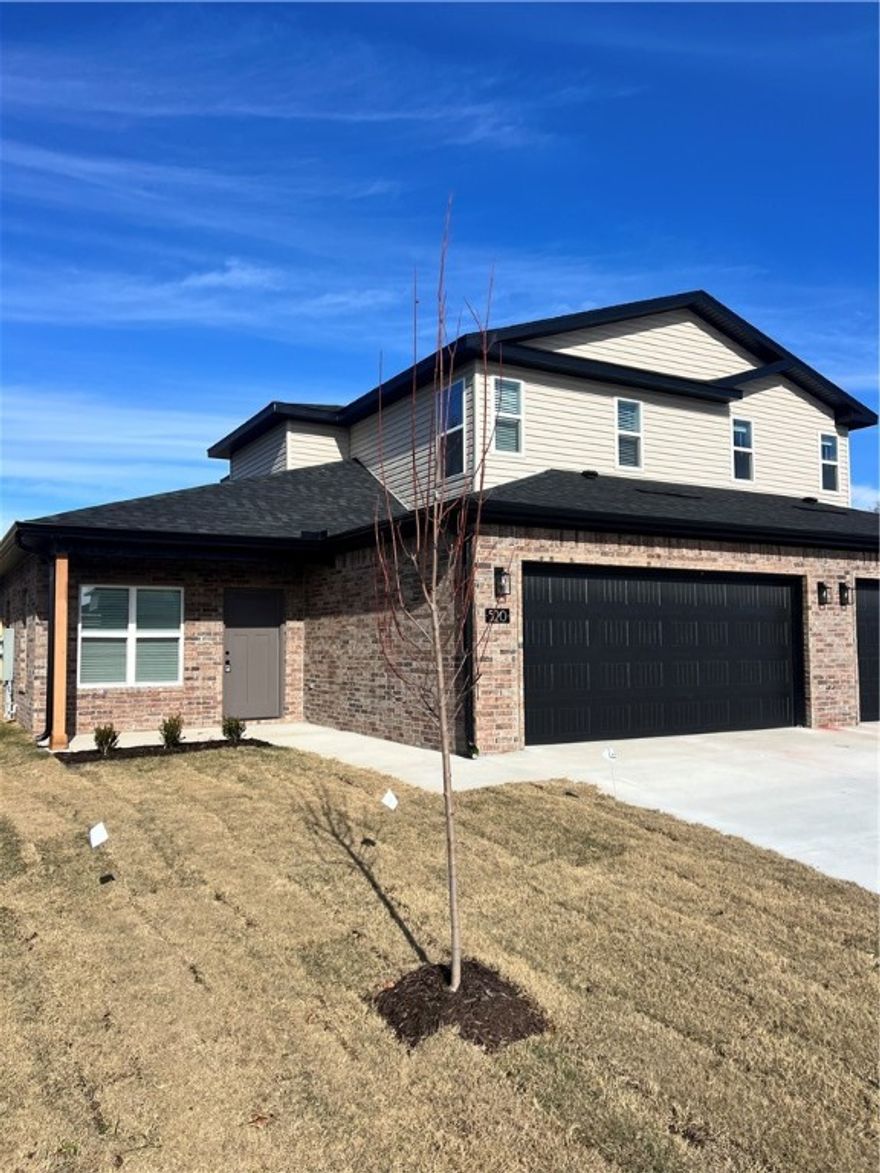 New construction 3BR/2.5BA duplex/Townhouse style for rent in Centerton. This home features an open layout with granite countertops, a large-capacity refrigerator, stainless steel appliances, and luxury vinyl plank flooring on main floor, with upgraded carpet in all upstairs bedrooms. Washer and dryer are included along with large storage area under the stairs! The attached 2-car garage includes EV charging plug and a wood fenced backyard to enjoy private outdoor space. Located near downtown Centerton, local schools, shopping, and the Walmart Distribution Center. Tenants are responsible for utilities and lawn care.