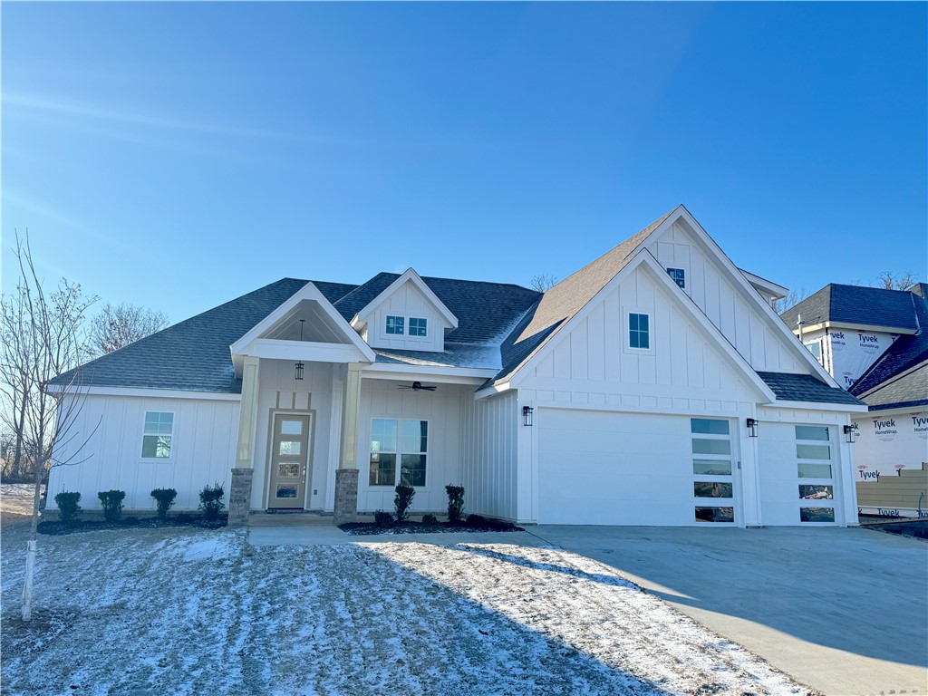 New construction home in desirable area in SW Rogers! It features 4 BR plus bonus room/3 baths/3 car garage. Downstairs has open concept in the living and kitchen area. Kitchen is equipped with gas cook top, built-in oven and microwave, large island, pantry, and eat-in dining. Primary is on main level with a spacious bath and closet. Bedroom 2 and full bathroom are downstairs as well. Upstairs has bedrooms 3-4, a full bath, and/or bonus room.