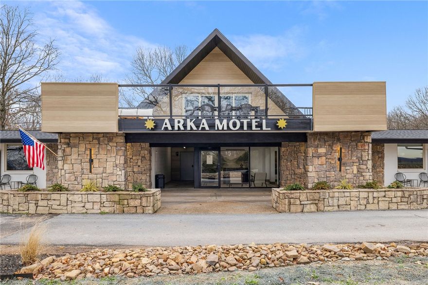 Opportunity doesn't just knock—it books in advance. The Arka Motel, a 24-unit boutique motel property, has been completely reimagined in 2024 and was recently featured on HGTV’s Fixer to Fabulous. This isn’t just a motel—it’s a fully operational, revenue-generating hospitality brand designed for effortless management. With automated operations, a pool, outdoor fire pits, and boat parking, it offers guests a modern, curated experience while providing investors a high-yield, turn-key asset in one of Northwest Arkansas' fastest-growing markets. With its recent national attention, now is the time to step into a thriving business with built-in demand. Don’t just own real estate—own a brand. Contact us today for more information!

Surrounded by wooded scenery and located near Beaver Lake and Prairie Creek Marina, the property offers a nature-forward setting with additional room for future development or other outdoor amenities.