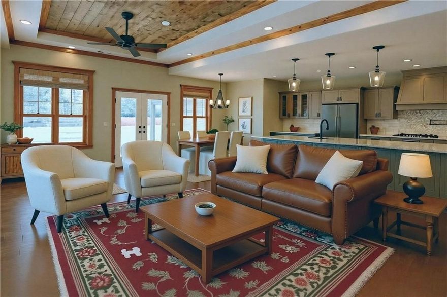 Welcome to Big Sky Subdivision where comfort meets convenience in the heart of Northwest Arkansas. This spacious, level-lot home offers 4 bedrooms plus a dedicated office or library, giving you the flexibility to live, work, and play in style. Step inside to an open floor plan anchored by a stunning stone-surround fireplace and a chef's kitchen with custom cabinetry, a walk-in pantry, and plenty of counter space for gathering. Walls of windows fill the home with natural light, while the north-facing covered patio creates the perfect shady retreat. Out back, you'll love the fenced yard with irrigation system ideal for pets, play, or gardening. Energy-smart upgrades include a tankless water heater, radiant barrier roof sheathing and LP Smart Siding. The oversized 3-car garage isn't just for cars. Perfectly located with easy access to I-49, shopping, dining, and schools, this home blends thoughtful design with an unbeatable location.