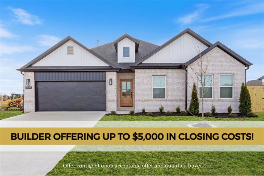 Photos are not of exact home/finishes. Completion date of July 24th 2026! Builder is offering up to $5,000 towards closing costs, interest rate buy down or towards an appliance package! The LAST "Ross" plan boasts a spacious single story open-concept layout with luxurious finishes including vaulted ceilings, quartz countertops, inviting entry way, upgraded lighting fixtures, custom cabinets, black stainless steel appliances, gas fireplace, gas range, oversized tiled walk in shower in primary bathroom  & luxury vinyl plank floors throughout (no carpet). Walk out your back door to stunning views of the pond and walking trails! Enjoy standard inclusions such as insulated garages, impact resistant roof shingles, full home guttering system, privacy fence, & 2” blinds throughout. Community pool coming in Phase 2! Under 10 minutes to XNA Airport and under 20 minutes to Downtown Bentonville and New Walmart Campus.