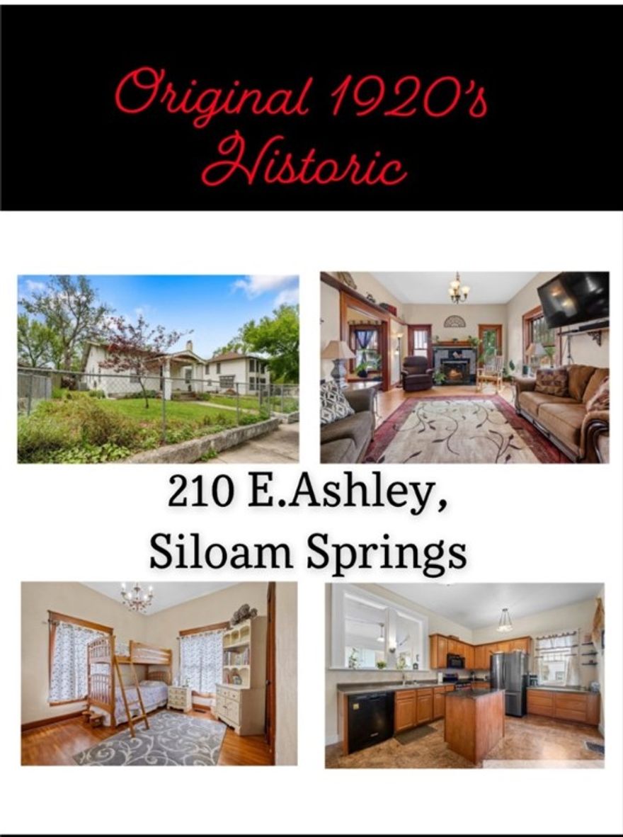 LOOKING FOR AN AIRBNB OPPORTUNITY * NEW ROOF! FACELIFT (GREEN OLIVE COLOR) PAINTING TAKING PLACE - LOCATED IN DOWNTOWN SILOAM SPRINGS. Walking distance to shopping, schools, churches, restaurants, John Brown University, pickle ball courts & walking trails. This is an original structure with lots of character and some updates. EXTREMELY well maintained and LOVED! 3 bedrooms/2 bathrooms, additional living space/area, fireplace, dining room. Unfinished, cemented basement under kitchen and lots of storage. VERY CLEAN! The rooms are spacious! The tall ceilings add additional character! Outside there is a fenced-in yard, small fire pit, strawberry patch, detached building *337 SF mol* which could be used as a workshop and/or storage. Carport from alley access in back of home! Come see for yourself! Sellers have lots of information on the house - ask all the questions! By appointment only!
