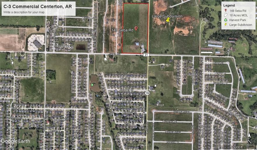 Great Neighborhood Commercial (C-3) property with 1,290 feet of frontage on Main St. and 640 feet of frontage on Seba Rd.  A stop light and widening of the road at this intersection makes this property stand out as a new development sight for commercial development.  All utilities are at the street.  City Council approved the zoning change on June 12, 2018.  Appraisal after zoning change is $2,356,800.  Owner will subdivide.