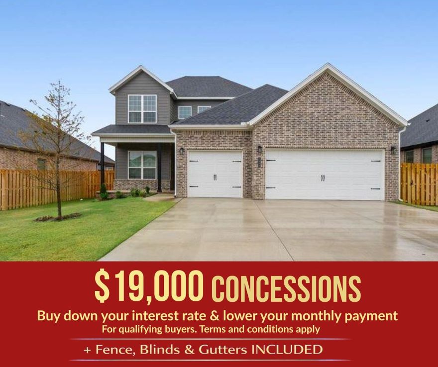 The Willow plan offers an impressive 2,285 sq ft two-story home featuring a dedicated office, and a spacious 3-car garage. Step inside to discover soaring 10-foot ceilings throughout the first floor, creating an open and airy atmosphere. The gourmet kitchen is equipped with a professional-style gas cooktop and an exterior-vented hood. Luxurious bathrooms feature tile that extends all the way to the ceiling, offering a sophisticated and easy-to-maintain finish. Thoughtful design elements include a mudroom conveniently located off the garage and next to the utility room, as well as a carpeted staircase to the second floor. Enjoy outdoor living on the covered front porch or relax on the covered back patio overlooking the privacy-fenced backyard. For a limited time, Lower your interest rate with $15,000 from the builder + up to 4k in closing costs from select lenders. For a total of up to 19K with lender incentives. Fence, blinds, and gutters are all included.