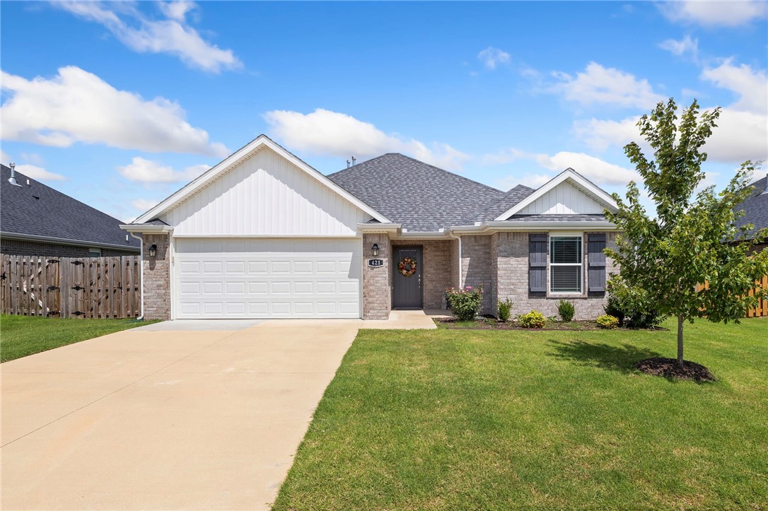 This adorable, all-brick home is pristine and move-in ready, simply perfect for a starter or investment property. Built in 2022 and as immaculate as brand new, the home features an easy-flowing open floorplan, eat-in kitchen with pantry, and split bedrooms. Lovely crown molding graces heightened ceilings, along with a neutral color palette including light oak LVP flooring, white quartz countertops, white subway tile, and white cabinetry— creating a tranquil blank canvas for you to make all your own. Creature comforts include the gas fireplace, jetted tub, ceiling fans, and a covered patio in the private, fenced backyard for enjoying quiet evenings at home. The convenient location is nestled between Hwy 102 and Kimmel Rd, near dining and shopping, just 1.7 mi to city offices and the renowned Marrs Mercantile, 4.5 mi to downtown Bentonville, 5.1 mi to the new Walmart campus, and 5.3 mi to i-49. Don't miss your chance to see this tidy home in a rare price-point! All appliances may convey with an acceptable offer.