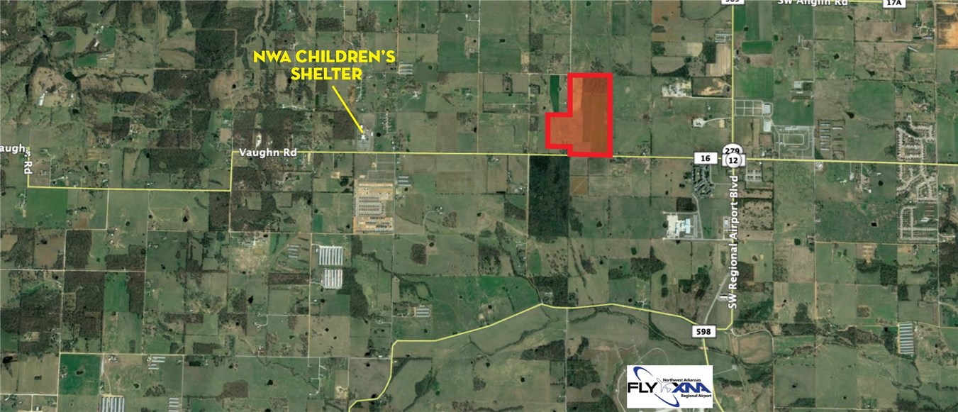 94.55 acres perfect for commercial development. Located near the intersection of Hwy 12 and Vaughn Rd and the Northwest Arkansas National Airport. 10 miles from the city of Bentonville.
Rapidly developing area. Sewer installed at East boundary. Water & electric on-site
Great location near XNA Airport & many new residential developments
1,971' of frontage on Vaughn Rd