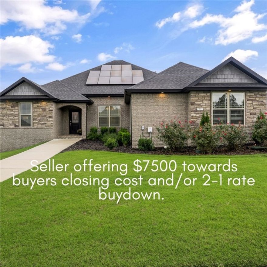 SELLER OFFERING $7,500 in buyers’ concessions. Don’t miss your chance to own this beautiful home in the heart of NWA on a corner lot with direct access to golf & fishing. Well-maintained 4-bdr, 2.5-bath boasts split floor plan, 10-ft ceilings, giving a sense of openness & light. The spacious kitchen has tons of cabinets, granite counters, large island perfect for entertaining, an amazing walk-in pantry, that has everything in easy reach. Wood floors in living, dining & entry way while the beds and office offer cozy carpet for comfort. Retreat to a large primary BDR with walk-in closet & great master bath. The other side includes a Jack-Jill bath making it easy access for family/guests. Cat 5 wiring in BRs, office & LR. Step outside to discover a cov’d patio, perfect for year-round outdoor living. With a gas fireplace and extended patio area, this space is ideal for entertaining friends/family or simply relaxing. This home has solar panels, providing energy efficiency & cost savings. Make this yours TODAY!