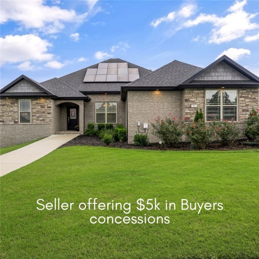 SELLER OFFERING $5K in buyers’ concessions. Don’t miss your chance to own this beautiful home in the heart of NWA on a corner lot with direct access to golf & fishing. Well-maintained 4-bdr, 2.5-bath boasts split floor plan, 10-ft ceilings, giving a sense of openness & light. The spacious kitchen has tons of cabinets, granite counters, large island perfect for entertaining, an amazing walk-in pantry, that has everything in easy reach. Wood floors in living, dining & entry way while the beds and office offer cozy carpet for comfort. Retreat to a large primary BDR with walk-in closet & great master bath. The other side includes a Jack-Jill bath making it easy access for family/guests. Cat 5 wiring in BRs, office & LR. Step outside to discover a cov’d patio, perfect for year-round outdoor living. With a gas fireplace and extended patio area, this space is ideal for entertaining friends/family or simply relaxing. This home has solar panels, providing energy efficiency & cost savings. Make this yours TODAY!