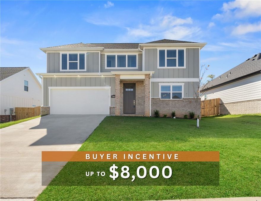 Fence, blinds and gutters included! Discover your dream home in the sought-after Osage Hills neighborhood. Frisco plan with garage on the left and North facing! 9 ft ceilings, linear electric fireplace, LVP flooring throughout the main living areas and primary bedroom, quartz countertops and more. Chef's kitchen boasting frigidaire stainless steel appliances, gas range, pantry, quartz countertops, bar pull handles, large island and gorgeous backsplash. Luxurious primary bedroom features abundant natural light, while the spa-like primary bathroom offers a walk-in shower, tub, double sinks, and spacious walk-in closets. Additional features include three large secondary bedrooms upstairs and a separate laundry room. Nestled on a generous lot with covered patio that overlooks the serene sodded, fully fenced backyard. Sturdy concrete siding & brick! Model home located at 6008 SW Coywolf St- Lot 122.