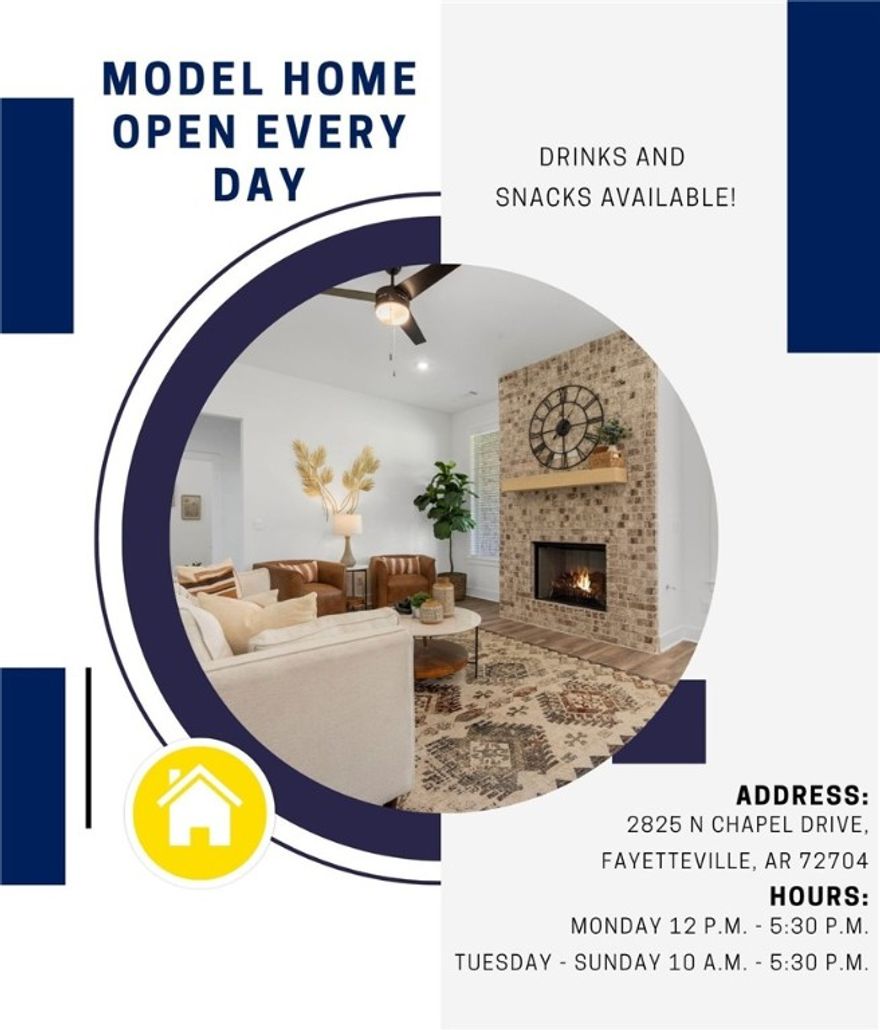 Model home Open every day! The charming Cooper Bonus plan in Hughmount, located in Fayetteville, Arkansas! The Cooper Bonus plan has 2600 square feet with 4 bedrooms, 3 baths.  Use the 4th BR as a Study! This plan also includes a game room on the second floor!  Game room area has a full bath and a Walk-in closet so this can be used as an extra bedroom!  These brand-new homes boast 4-sided brick and LVP flooring. Upon entering, you will find a spacious living area featuring a gas fireplace with a poplar mantle. The kitchen will have 42-inch cabinets, lovely appliances and quartz countertops and tile backsplash.  The Primary bedroom has a fabulous en-suite, dual sinks, with a walk-in shower with tiled walls and a soaking tub!  These homes feature LED lighting throughout, and a high efficiency AC with programmable Wi-Fi thermostat. Come find your dream home today! Taxes and Parcel TBD. The Community of Hughmount has a Pool… neighborhood playground.. and park!!   Association fees for management and amenities!