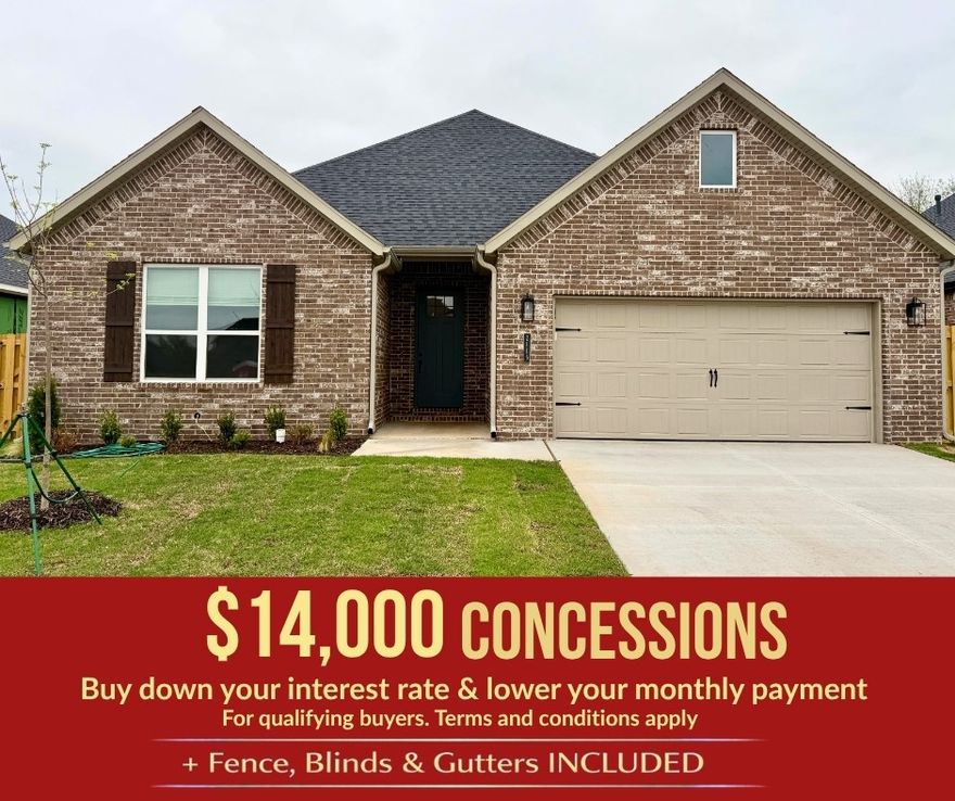 Welcome to Concord, a beautiful neighborhood near Pea Ridge, offering a quiet lifestyle with modern amenities and convenient access to top-rated schools and restaurants. The Alpine floor plan features 2,000 sq ft of thoughtfully designed living space with 3 bedrooms, 2 bathrooms, a cozy nook, a 2-car garage, and all on one story.Inside, you’ll find 10-foot ceilings in the living area and primary bedroom, creating a bright and spacious feel. A gas water heater provides reliable and efficient hot water, while your choice of gas or electric fireplace adds warmth and comfort.Lower your interest rate with $7,500 from the builder + $2,500 appliance allowance + up to 4k in closing costs from select lenders. For a total of up to 14K with lender incentives. Fence, blinds, and gutters are all included.