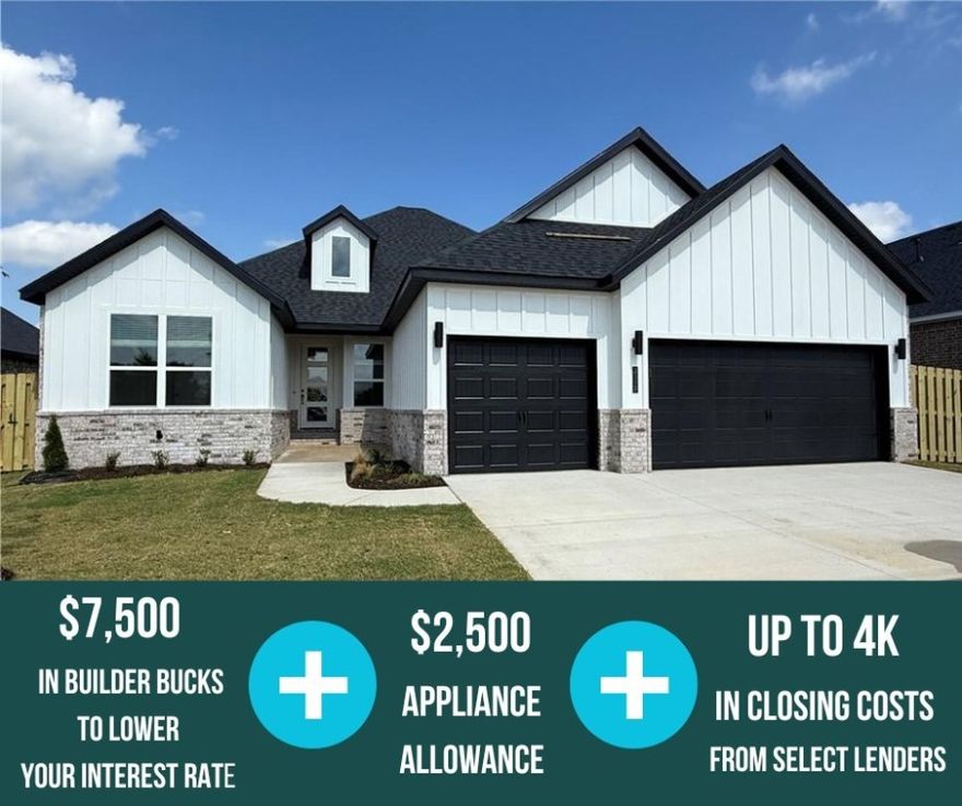 An 8ft. door gives a grand entrance into the Birch Plan. Inside, you’ll find a spacious kitchen with quartz countertops, floating shelves, and an open-concept living and dining area. The inviting living room features a cozy electric fireplace, while luxury vinyl plank flooring adds warmth and durability throughout the main living spaces. The primary suite offers a spa-like retreat with a walk-in shower, relaxing soaker tub, and a massive walk-in closet. A large utility room and pantry add convenience, while the covered back patio and fenced backyard create an ideal space for outdoor enjoyment. The garage door and walls are fully insulated for year-round energy efficiency and comfort. Tile extends to the ceilings in all bathrooms, offering a sleek, upscale finish. For a limited time, Lower your interest rate with $7,500 from the builder + $2,500 appliance allowance + up to 4k in closing costs from select lenders. For a total of up to 14K with lender incentives. Fence, blinds, and gutters are all​​‌​​​​‌​‌​​​‌‌​​​‌‌‌​​‌​​‌‌​​​​ included.