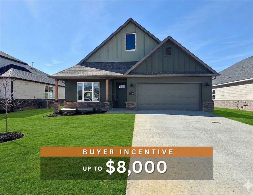 Fence, blinds and gutters included! Discover your dream home in the new neighborhood- Jacob's Crossing. Cooper plan with garage on the right & East facing! 9 ft ceilings, linear electric fireplace, LVP flooring throughout the main living areas & primary bedroom, quartz countertops & more. Chef's kitchen boasting frigidaire stainless steel appliances, gas range, pantry, quartz countertops, bar pull handles, large island and gorgeous backsplash. Luxurious primary bedroom features abundant natural light, while the spa-like primary bathroom offers a walk-in shower, tub, double sinks, and spacious walk-in closets. Additional features-secondary bedroom on the main level, 2 large secondary bedrooms upstairs and a functional laundry room. Nestled on a generous lot with covered patio that overlooks the serene sodded, fully fenced backyard, creating an exceptional living experience. Sturdy concrete siding! Model home located at 3631 Tranquility St- Lot 1.