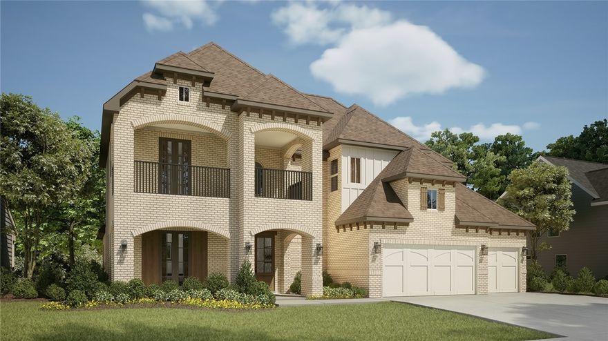 Introducing the Monroe floor plan with an outdoor balcony at the front of the home & white painted brick on a corner lot! This grand 2-story estate plan basks in natural light & timeless elegance. As you enter through the double front doors, you’re captivated by the cathedral ceiling, an open study & welcoming living room that seamlessly connects to an outdoor patio with a fireplace through large sliding doors. This open plan offers an easy transition into a designer kitchen with cabinets to the ceiling, a beautiful island with Cambria quartz that accommodates additional seating & a sunny dining nook. The owner's retreat offers ultimate relaxation with a large walk-in closet & spa-like bathroom that includes a free-standing tub & walk-in shower. The 3-car garage is connected to the utility room with a drop zone & under stair storage. Upstairs you will find a game room, 3 bedrooms, 2 additional baths & a 2nd laundry space! It’s accompanied by a catwalk overlooking the grand 2-story entrance!