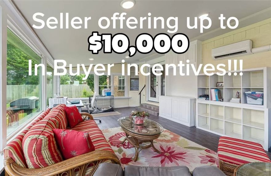 #10,000 in Buyer's Incentives to be used however you want! Brand new roof as of June 10, 2025!!! Welcome to this beautifully maintained 3 br 2 ba 2 car garage, ideally located just minutes from the new Walmart campus, Downtown Bentonville, Coler Mountain Bike Preserve, and all the best of NWA living. Step inside and find a spacious layout with great natural light, and enjoy the versatility of an all seasons room - perfect for a home office, workout space or extra living area.  This room was added approximately 4 years ago and adds approximately 300 sq ft. A portion of the room has lower ceilings so may not be added on an appraisal, the room is fully finished and has its own mini split for climate control. Make sure to get a confirmation on showings so the chocolate labs are secured.  The home has a new roof scheduled to be put on in June.