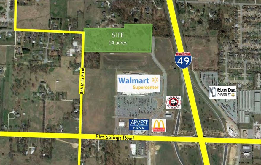 14 acres that are level to rolling. Currently zoned Agri. Springdale land use shows Commercial and
Residential. Could be medium to high density multi-family. Backs up to new Walmart Super Center. Water and Sewer at the street. Value is in the land only. Home has no value North 48th Street is the east boundary, which has just been completed connecting the two sections of 48th Street together. It is two lanes with a middle turn lane, curbed and guttered with walking trail/sidewalk along the west side. Part of the west boundary is Oak Grove Road with part of the north boundary on Bob Mills Road. All of the frontages are paved.