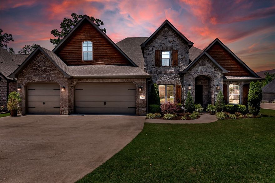 "Welcome to your sanctuary in Wood's Creek! Nestled on a tranquil cul-de-sac with a sprawling 3/4-acre M/L this home offers unparalleled luxury. Featuring a gourmet kitchen with a center island and walk-in pantry, 4 bedrooms (3 en-suite), 4.5 baths, a bonus room, office, and a formal dining room every detail is crafted for comfort. Enjoy elegant touches like wood beams, vaulted & coffered ceilings,  surround sound, along with practical features like security, EV charging hook-up and central vac. Outside, entertain on the covered patio with a built-in grill and gas fireplace, or gather around the fire-pit on the spacious open patio. Kids will adore the sunken trampoline and play-set! With a new roof and guttering, plus easy access to I-49, shopping, and schools, this home offers the perfect blend of luxury and convenience."