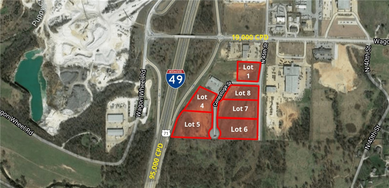 9.50/sf for this 2.26 Acre lot is ideal for your business location. Water and sewer on site. Electric and gas at street. This site allows easy access to almost any location in Benton or Washington County. Located at the SE Corner of I-49 and Wagon Wheel intersection.