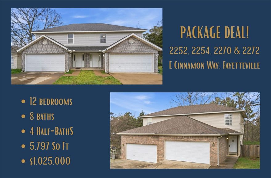 Exceptional Investment Opportunity! Offered together, 2252, 2254, 2270, & 2272 E Cinnamon Way comprise two neighboring duplexes featuring a total of 4 income-producing units. Located in an area with consistent rental demand and convenient access to the University of Arkansas, shopping, dining, and major commuter routes, this portfolio presents a strong opportunity for both seasoned and aspiring investors. Currently generating approximately $6,550 in monthly rental income, these well-maintained duplexes offer immediate cash flow, stable occupancy potential, and long-term investment appeal. A rare chance to acquire two side-by-side duplexes. Please note: Photos are of units 2272 & 2254. Properties are listed & can be sold individually at MLS 1340839 & 1340836.