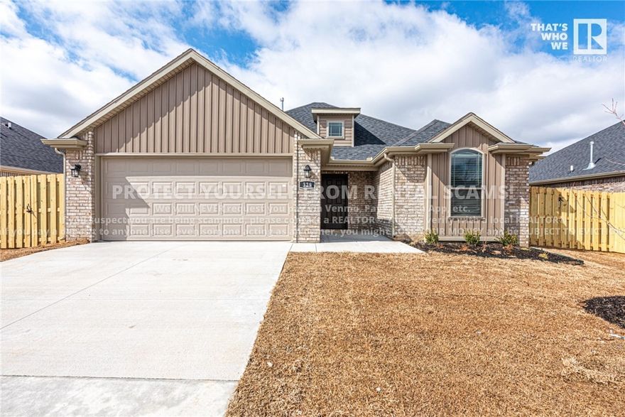AVAILABLE NOW! Check out this gorgeous 3 bedroom 2 bathroom home located near eateries, parks, schools, and a short drive to the University of Arkansas! With a semiopen concept floor plan, this home features luxury vinyl plank floors in the living room, gas log fireplace, eat-in dining room, granite counters, and tile in the wet areas! Large primary bedroom with private ensuite feat: double sink vanity! Carpet throughout all the bedrooms! Check out the covered patio out back and enjoy the outdoors in the fenced in-backyard. NO CATS. **Tenant is responsible for all utilities and lawn care/maintenance.