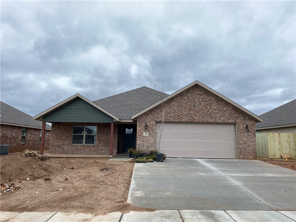 Great new floor plan in Hilldale in Centerton. 3 Bedrooms with 2.5 bathrooms. Bedrooms 2 & 3 have a bathroom connecting them. Large kitchen with an island and gas range. Vaulted ceiling with a cedar beam and a gas log fireplace in the living room. Large master suite with a corner, tiled shower and double sinks. Home comes with a full fence, blinds and guttering.
