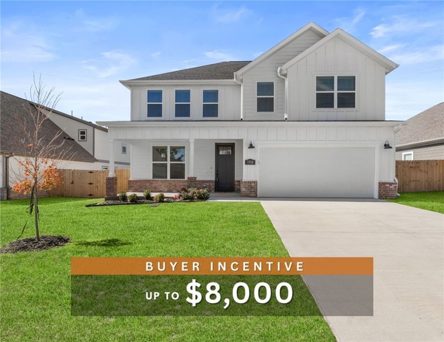 Fence, blinds and gutters included!  Discover your dream home in the new neighborhood- Jacob's Crossing. Powell B plan with garage on the right and East facing! 9 ft ceilings, linear electric fireplace, LVP flooring throughout the main living areas and primary bedroom, quartz countertops and more. Chef's kitchen boasting frigidaire stainless steel appliances, gas range, pantry, quartz countertops, bar pull handles, tons of counter space and gorgeous backsplash. Luxurious primary bedroom features abundant natural light, while the spa-like primary bathroom offers a walk-in shower, tub, double sinks, and spacious walk-in closets. Additional features include a loft area, two large secondary bedrooms upstairs and a functional laundry room. Nestled on a generous lot with covered patio that overlooks the serene sodded, fully fenced backyard. Sturdy concrete siding and brick! Model home located at 3631 Tranquility St- Lot 1.