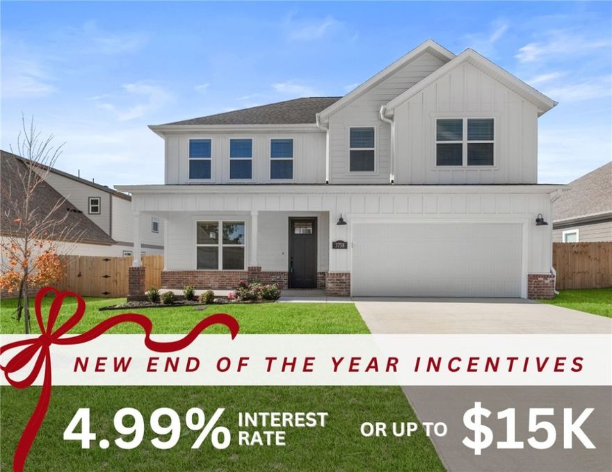 Fence, blinds and gutters included!  Discover your dream home in the new neighborhood- Jacob's Crossing. Powell B plan with garage on the right and East facing! 9 ft ceilings, linear electric fireplace, LVP flooring throughout the main living areas and primary bedroom, quartz countertops and more. Chef's kitchen boasting frigidaire stainless steel appliances, gas range, pantry, quartz countertops, bar pull handles, tons of counter space and gorgeous backsplash. Luxurious primary bedroom features abundant natural light, while the spa-like primary bathroom offers a walk-in shower, tub, double sinks, and spacious walk-in closets. Additional features include a loft area, two large secondary bedrooms upstairs and a functional laundry room. Nestled on a generous lot with covered patio that overlooks the serene sodded, fully fenced backyard. Sturdy concrete siding and brick! Model home located at 3631 Tranquility St- Lot 1.