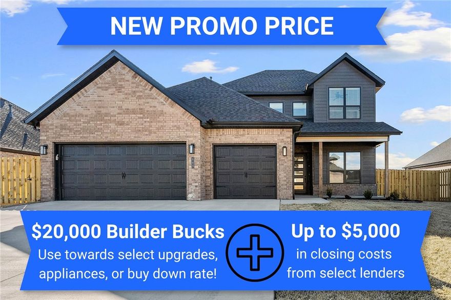 New summer promo price! Enjoy the serenity of peaceful surroundings on the edge of town, while staying just minutes from all that Northwest Arkansas has to offer. Explore the Willow Plan. This beautifully designed 2,285 sq ft home features 4 spacious bedrooms and 2.5 baths. The main level includes a private study, an open-concept kitchen, dining, and living area. The primary suite offers a luxurious ensuite bath. Stand alone laundry room, plus a convenient half bath nearby for guests. Upstairs, you'll find three additional bedrooms and a shared full bath — perfect for family or visitors. A three-car garage offers generous storage space, and the covered back patio creates the perfect setting for year-round enjoyment. For a limited time, Builder Incentives: $20,000 Builder Bucks to use towards select upgrades, appliances, or buy down your rate – you choose! Plus up to 5K from select lenders. For a total of up to 25K with lender incentives! Fence, blinds, and gutters are all included.