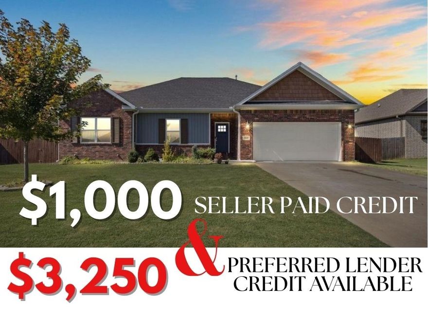 $1,000 seller paid credit AND $3,250 preferred lender credit! Home qualifies for $0 down RD loan! Just 9 miles from the U of A sits this adorable 4 bedroom home in the Hallmark-esque town of Prairie Grove. You'll love the oversized, fully fenced backyard & covered back patio is the perfect morning coffee spot! The interior boasts a split floor plan, with a spacious primary suite overlooking the backyard. The bright & open kitchen has stainless steel appliances, granite counters, & pantry. The open-concept living room is nestled around the gas fireplace & flows to the eat-in kitchen. And while the home packs a big punch-- you will LOVE what the solar panels bring to your budget...owner has had $0 electric bills over the last 12 months! Enjoy the savings all year long! Have a green thumb? You'll love the established garden beds, mature landscaping & ornamental trees! If you thought the days of 3.25% rates were gone, this home is eligible for a 3.25% VA assumable loan. Fridge/washer/dryer & some furniture all convey!